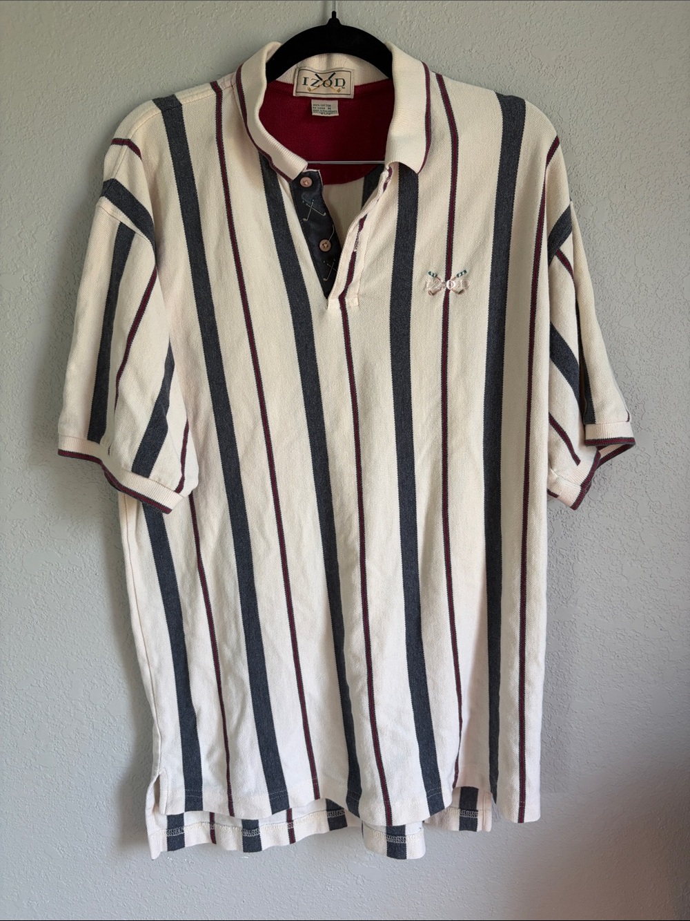 Vintage Izod Men’s Cream Polo with Black and Burgundy Vertical Stripes Size M